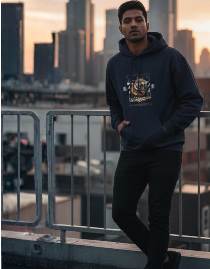 Person wearing a dark hoodie with a tiger graphic in an urban setting